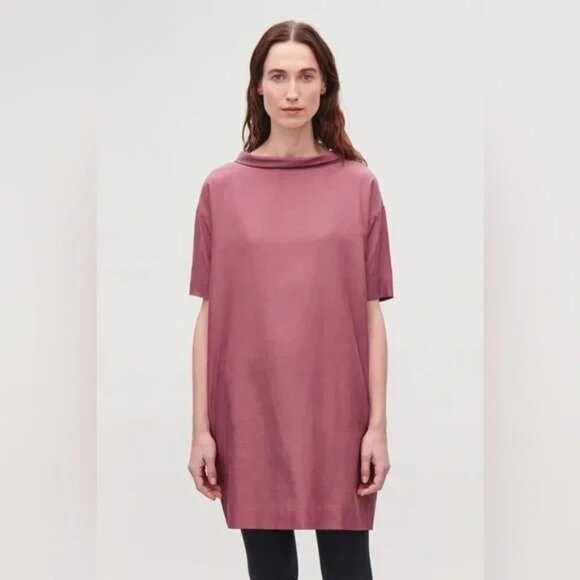 COS Womens Folded Collar Draped Shift Dress Short Sleeve Mauve Rose Pink Size 8 - Picture 1 of 8